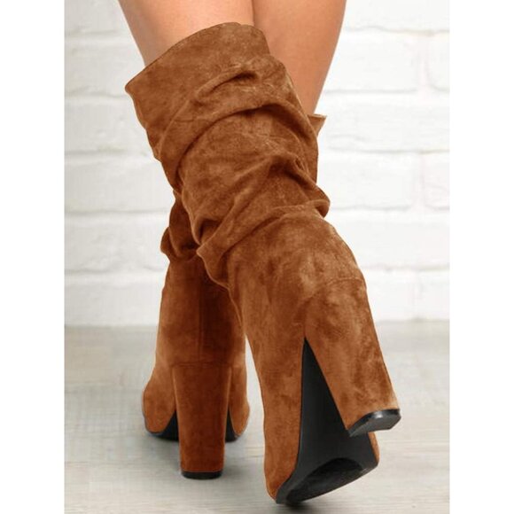 Women's Brown Suede Mid Calf High Slouchy Chunky Heel Block Pointed Toe Boots - Picture 5 of 8